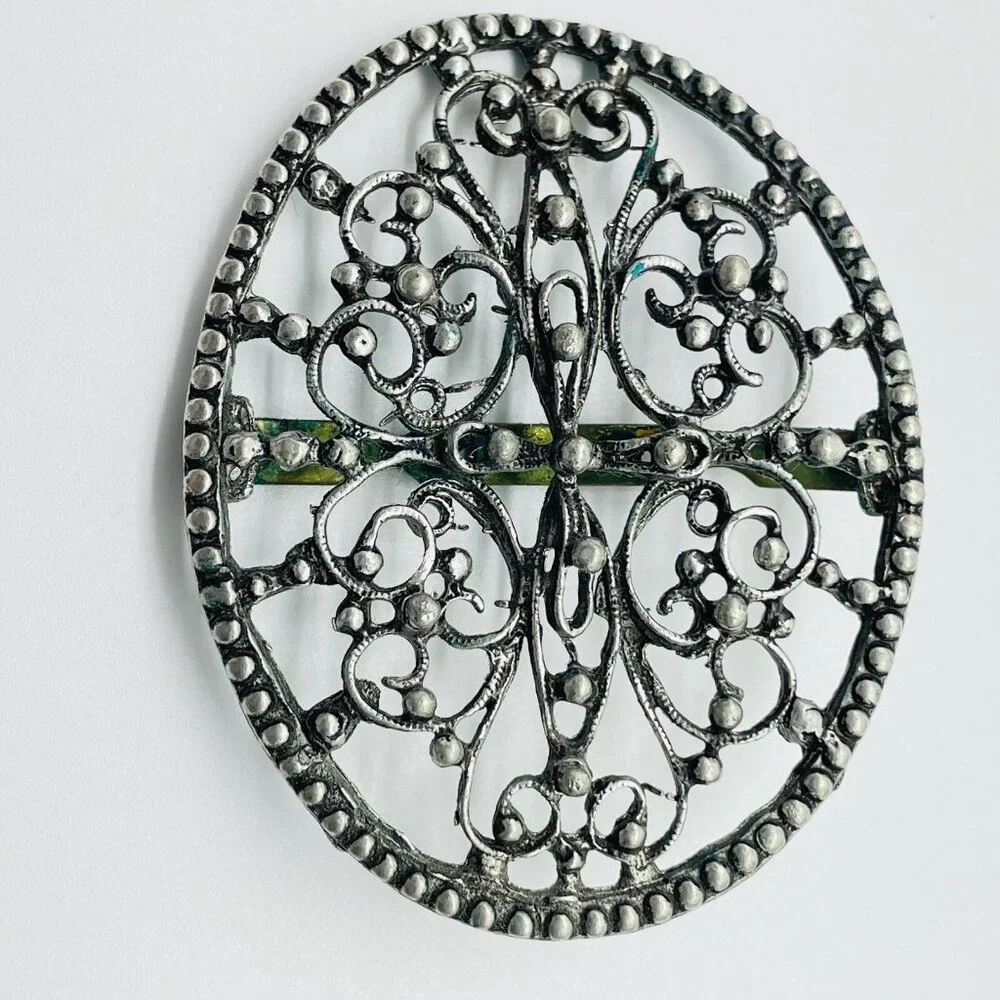 Vintage Belt Buckle Silver Tone Filigree Oval Western Scroll Design